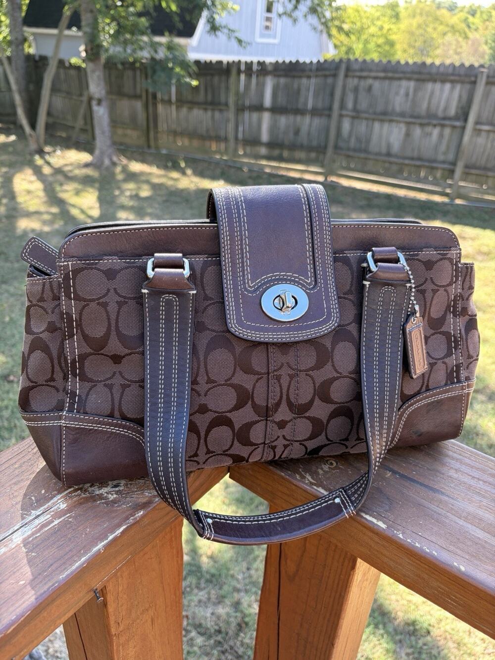 Y2K Coach Hampton Turn Lock Canvas Leather Shoulder Bag Chocolate Brown F13975